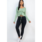 Ribbed Drawstring Front Long Sleeve Peplum Top-NXTLVLNYC