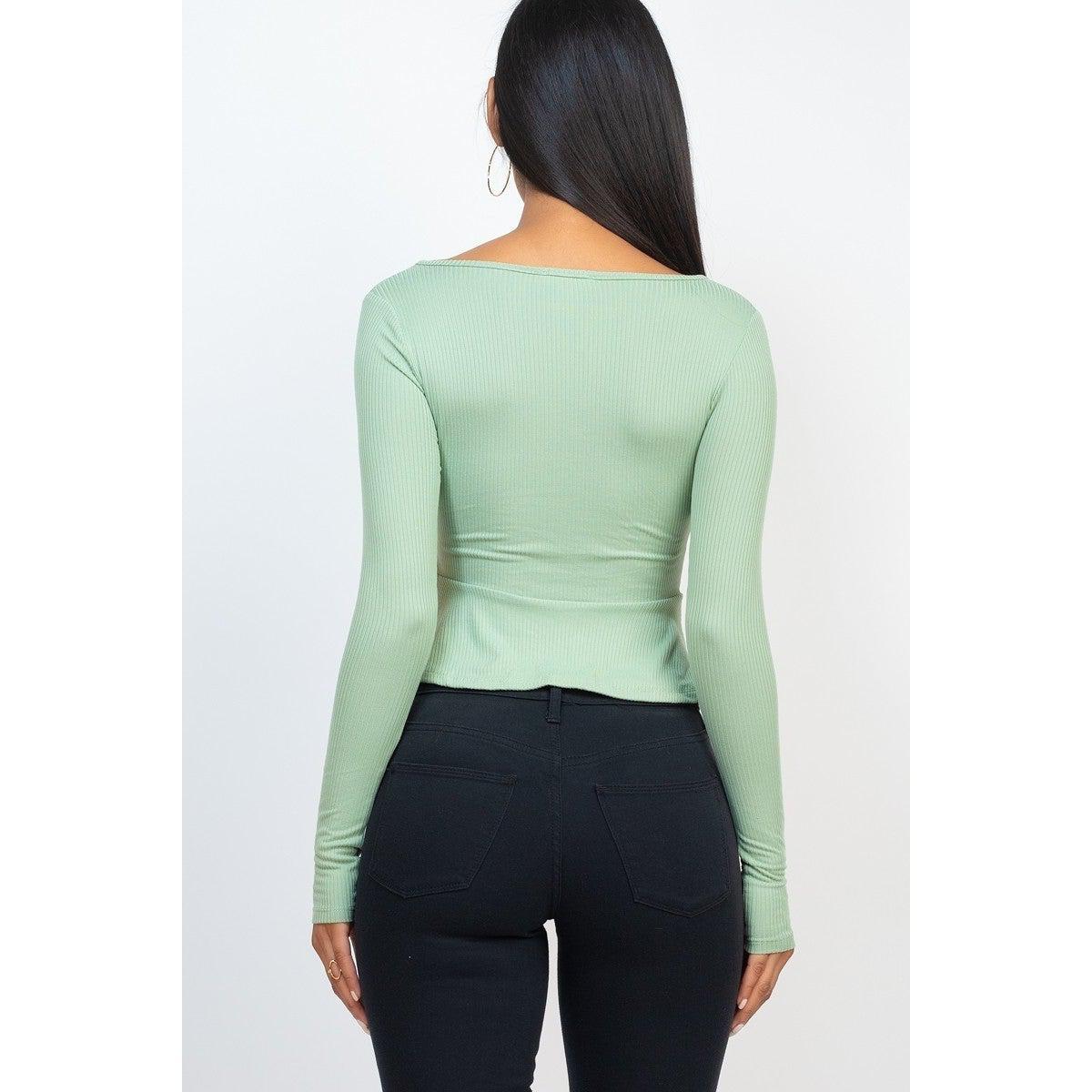 Ribbed Drawstring Front Long Sleeve Peplum Top-NXTLVLNYC