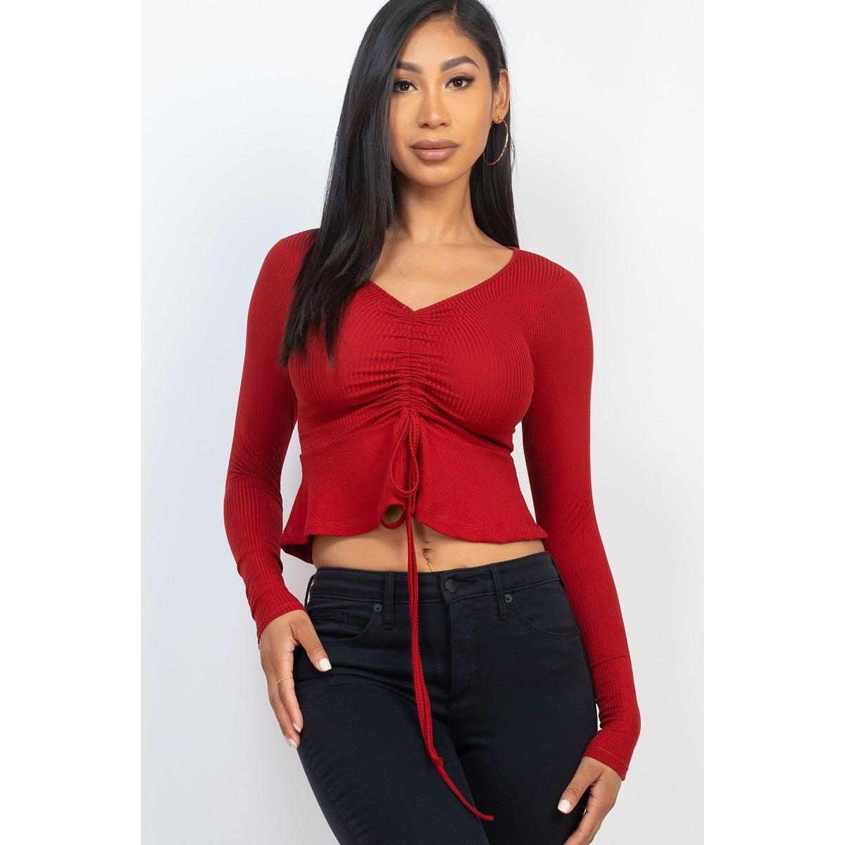 Ribbed Drawstring Front Long Sleeve Peplum Top-NXTLVLNYC