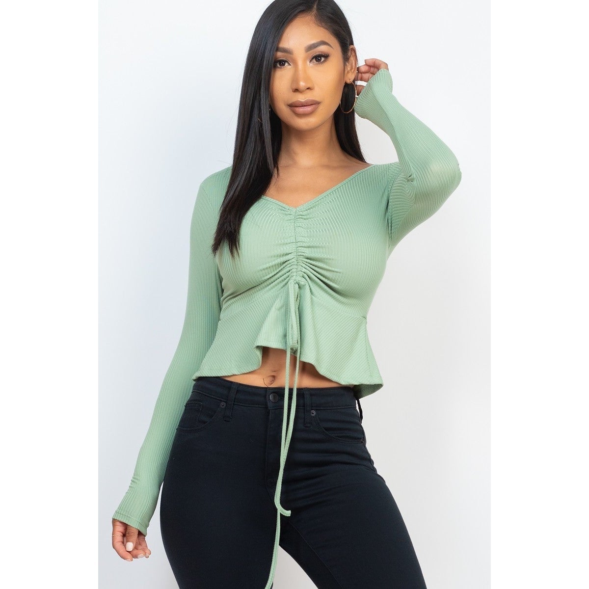 Ribbed Drawstring Front Long Sleeve Peplum Top-NXTLVLNYC