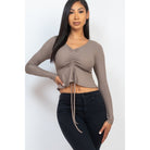 Ribbed Drawstring Front Long Sleeve Peplum Top-NXTLVLNYC