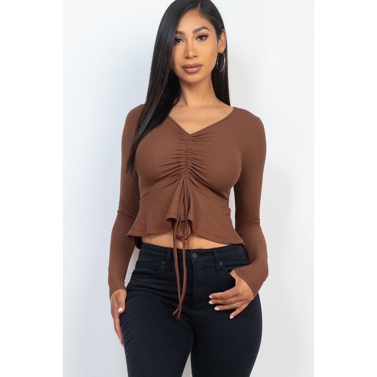 Ribbed Drawstring Front Long Sleeve Peplum Top-NXTLVLNYC