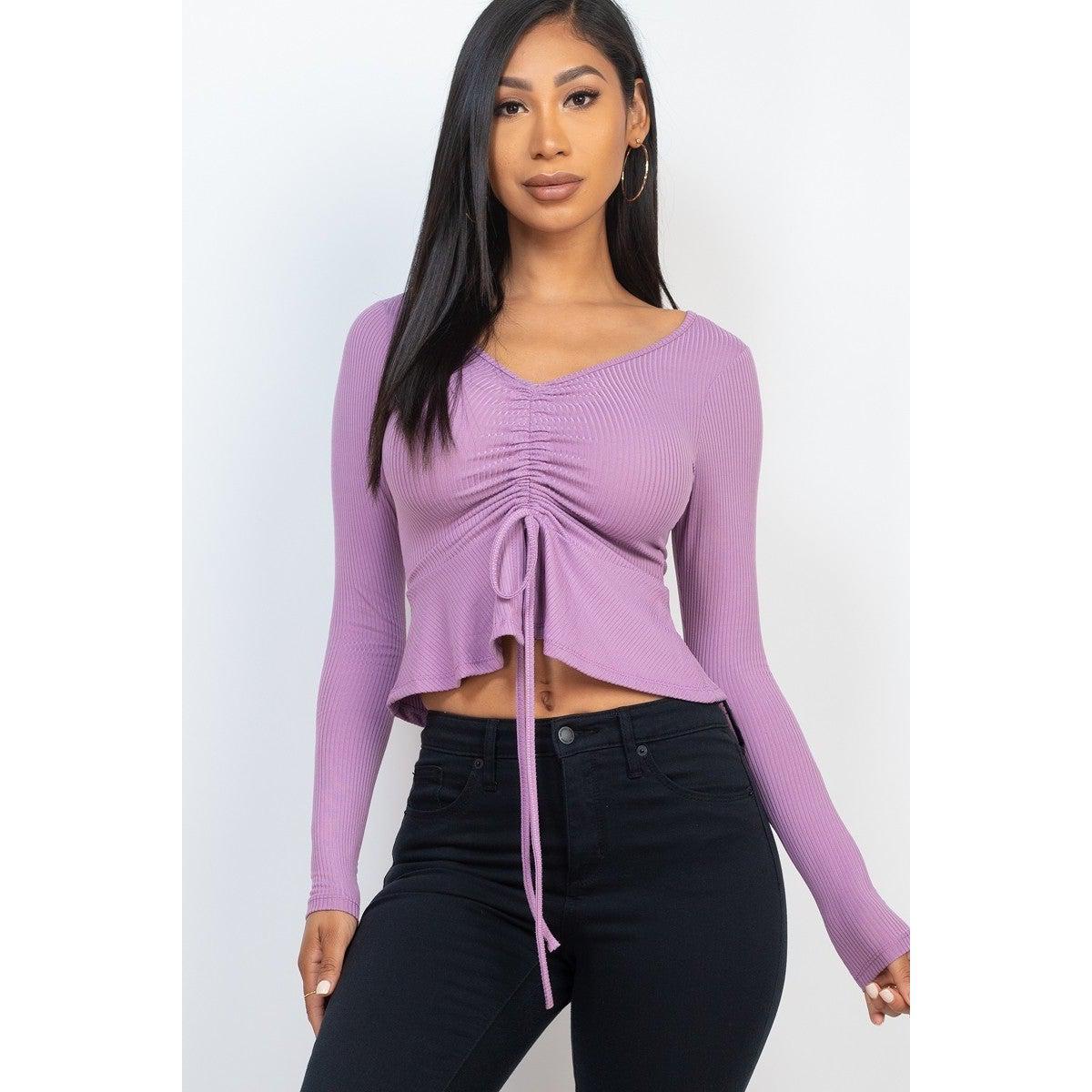 Ribbed Drawstring Front Long Sleeve Peplum Top-NXTLVLNYC