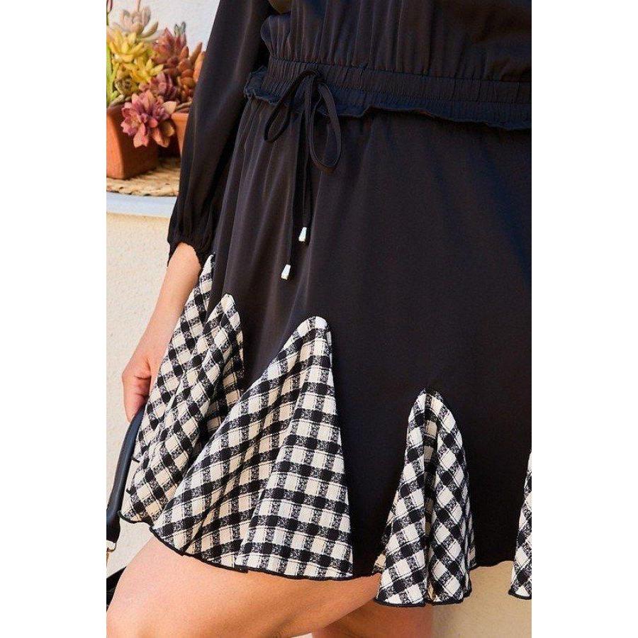 Round Neck 3/4 Bubble Sleeve Gingham Ruffle Romper-Jumpsuits & Rompers-NXTLVLNYC