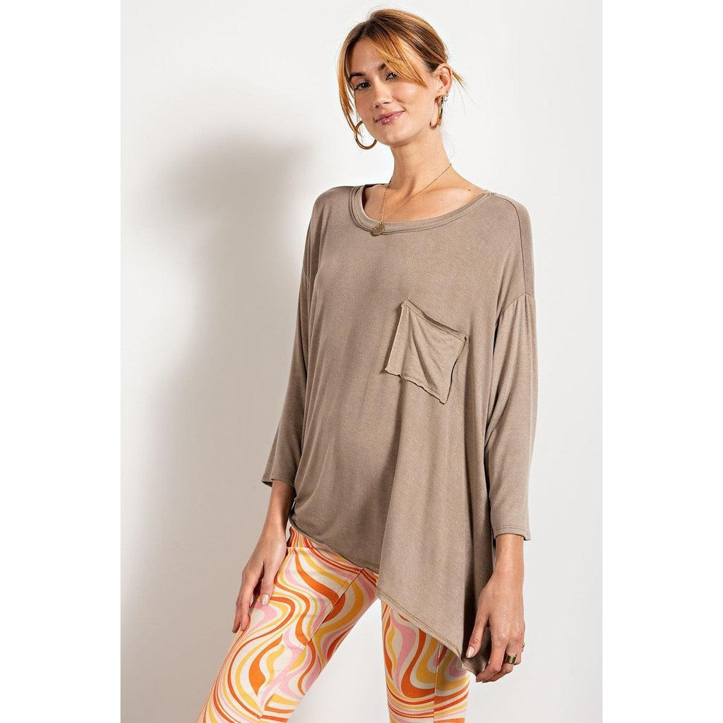 Rounded Neckline 3/4 Sleeves Washed Top-NXTLVLNYC
