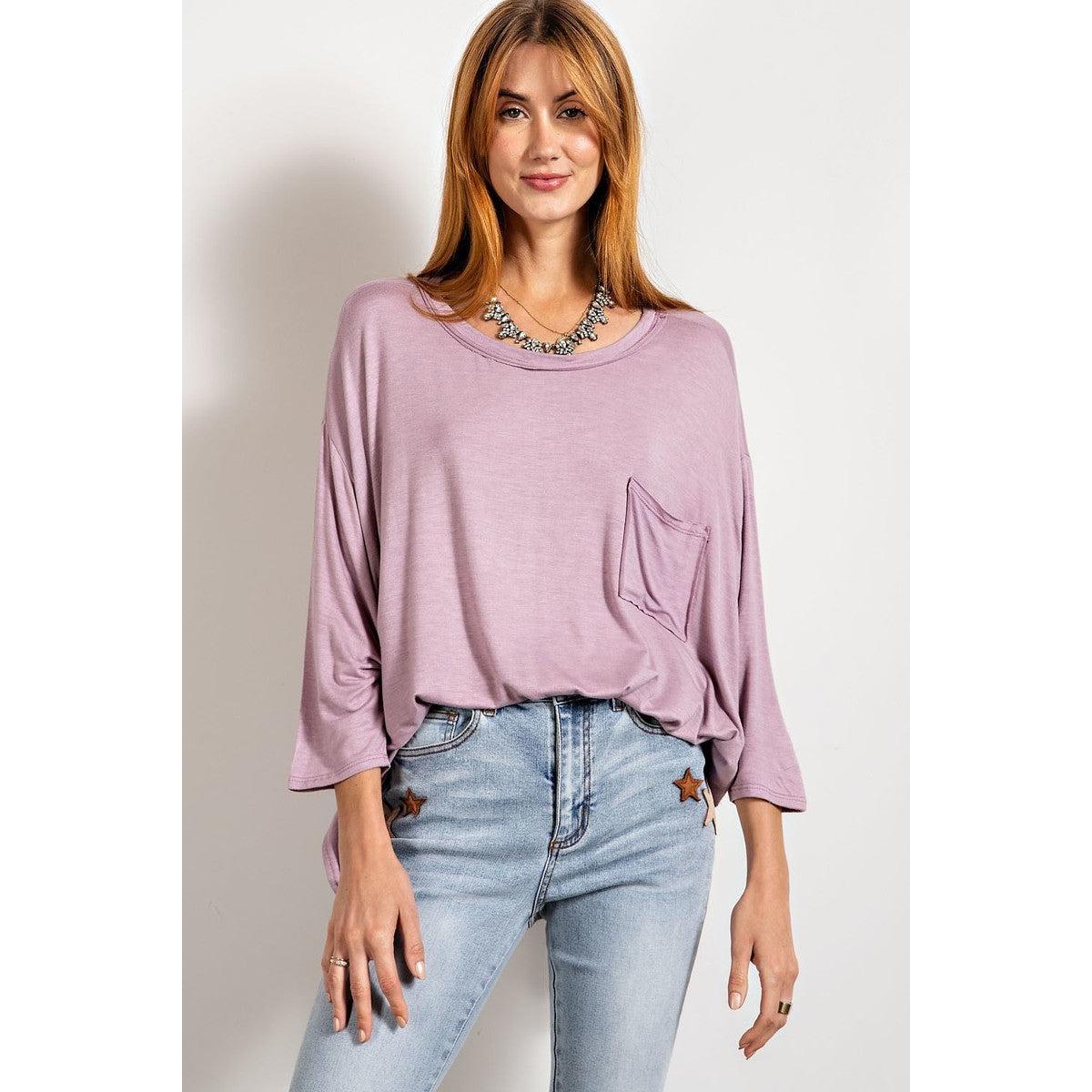 Rounded Neckline 3/4 Sleeves Washed Top-NXTLVLNYC