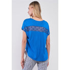 Royal Blue Boat Neck Short Sleeve See-trough Cross Cut-in Detail With Floral Embroidery Top-Clothing Tops-NXTLVLNYC