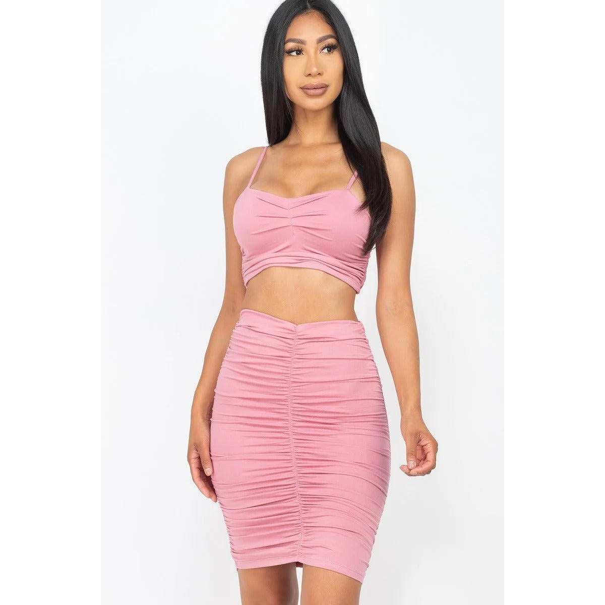 Ruched Crop Top And Skirt Sets-NXTLVLNYC