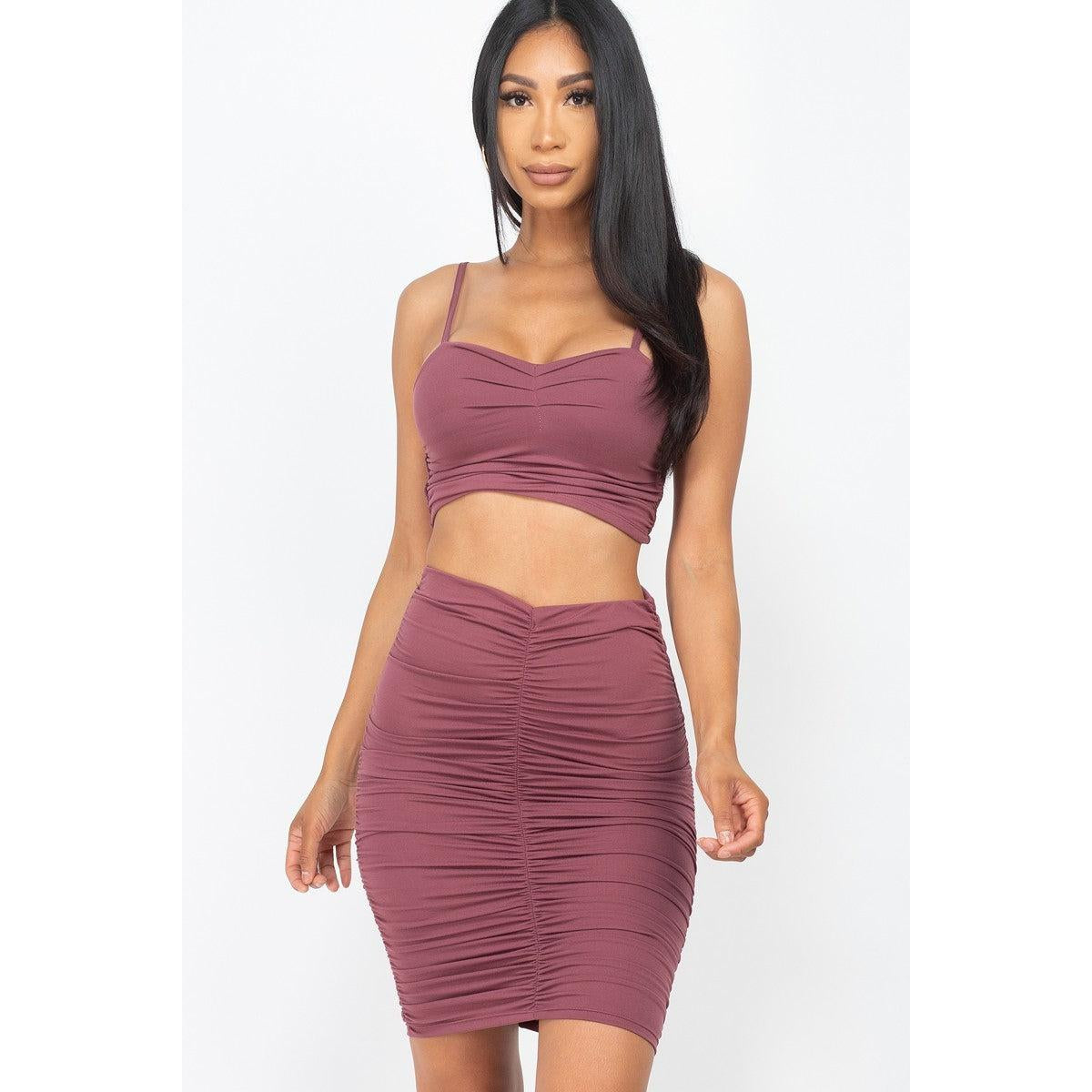 Ruched Crop Top And Skirt Sets-NXTLVLNYC