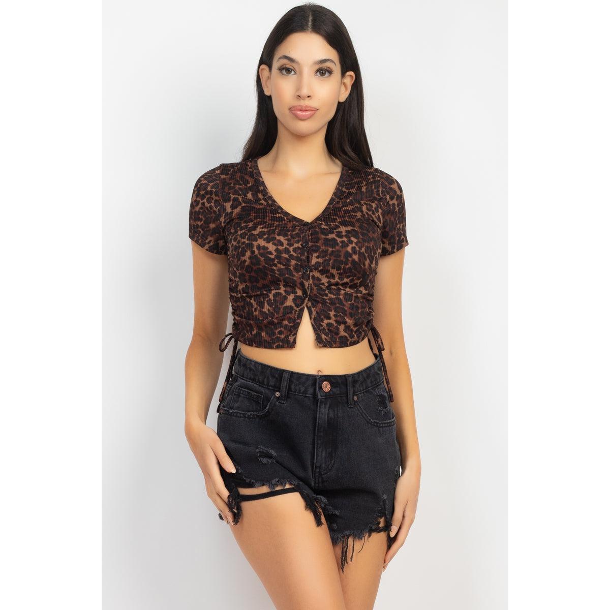 Ruched Drawstring Animal-printed Crop Top-NXTLVLNYC