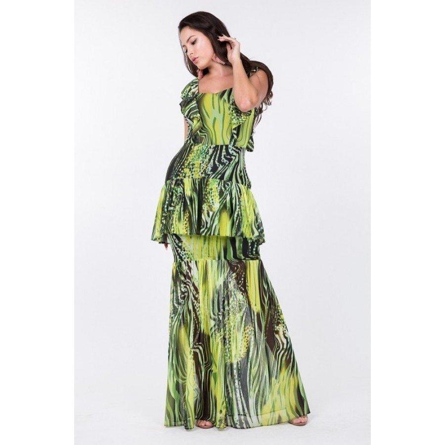 Ruffle Sleeve Tiered Bottom Print Long Dress-Dresses-NXTLVLNYC