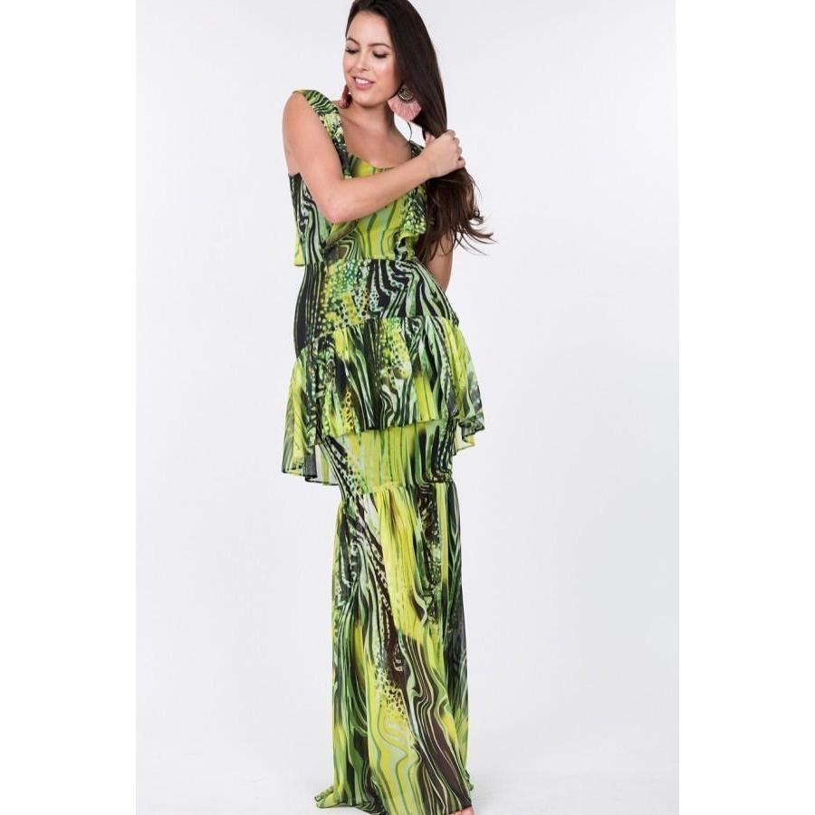 Ruffle Sleeve Tiered Bottom Print Long Dress-Dresses-NXTLVLNYC