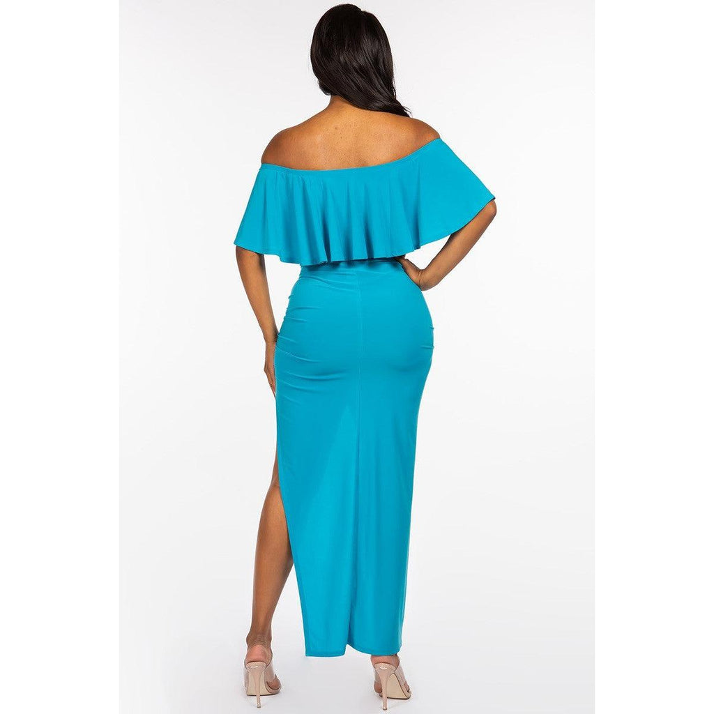 Solid Ity Off The Shoulder Ruffled Cropped Top And Ruched Maxi Skirt Two Piece Set-NXTLVLNYC