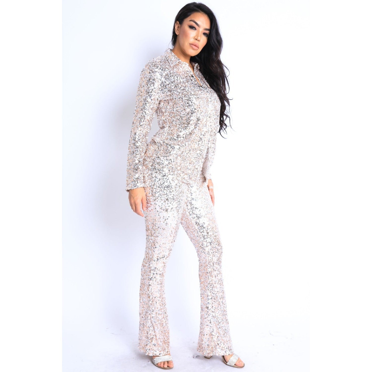 Sequin Button Down Shirt And Pant Set-NXTLVLNYC
