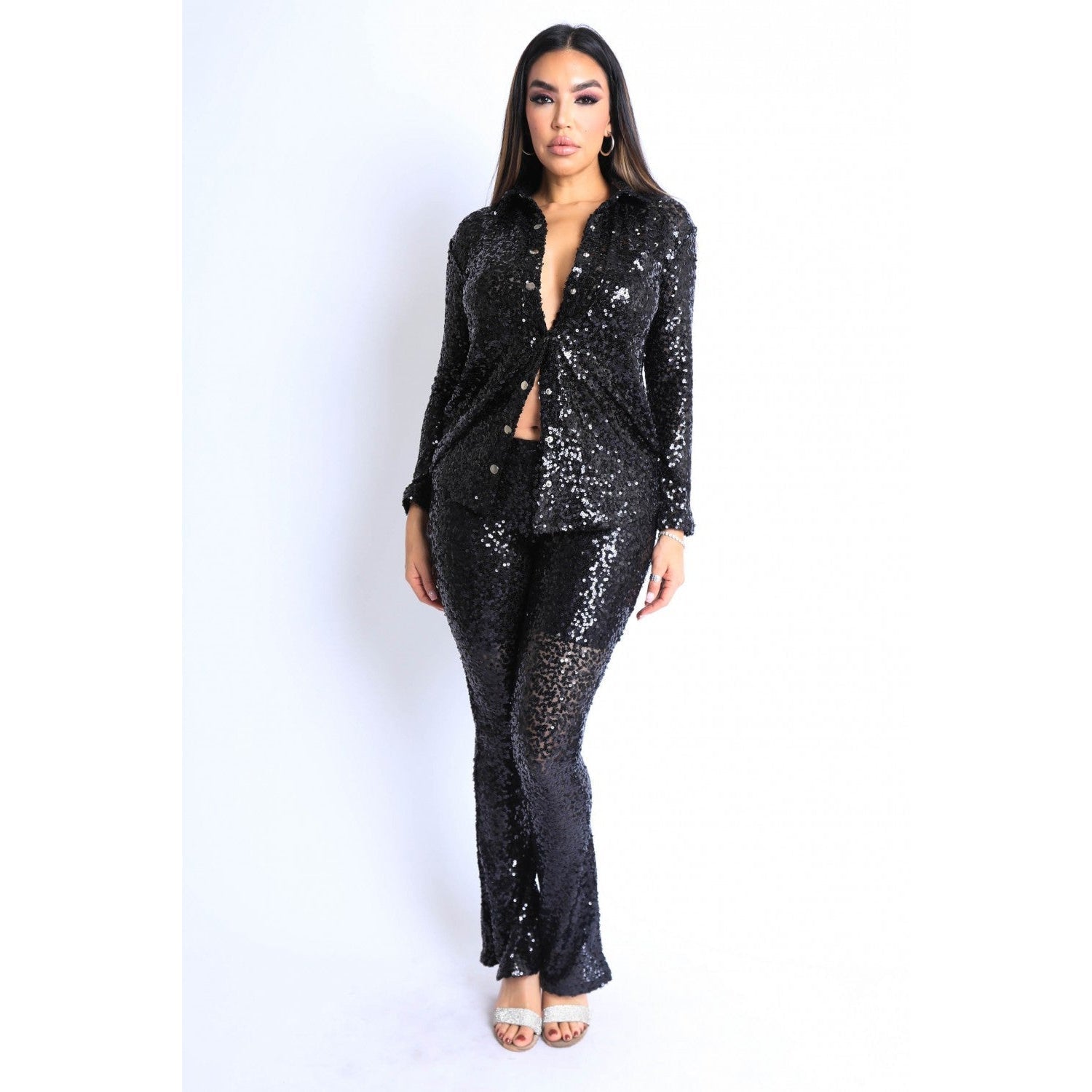 Sequin Button Down Shirt And Pant Set-NXTLVLNYC