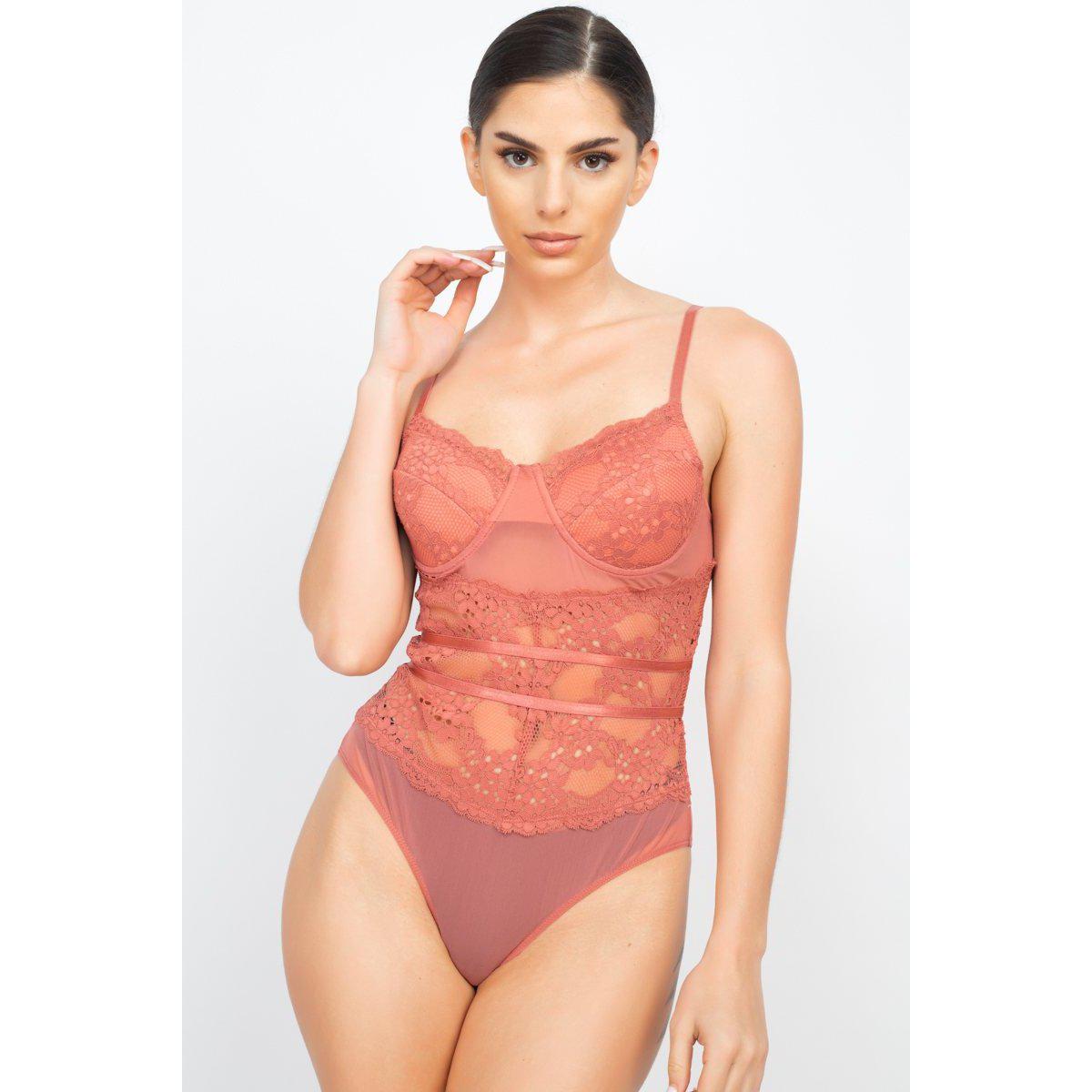 Sheer Lace Floral Padded Bodysuit-Clothing Bodysuits-NXTLVLNYC