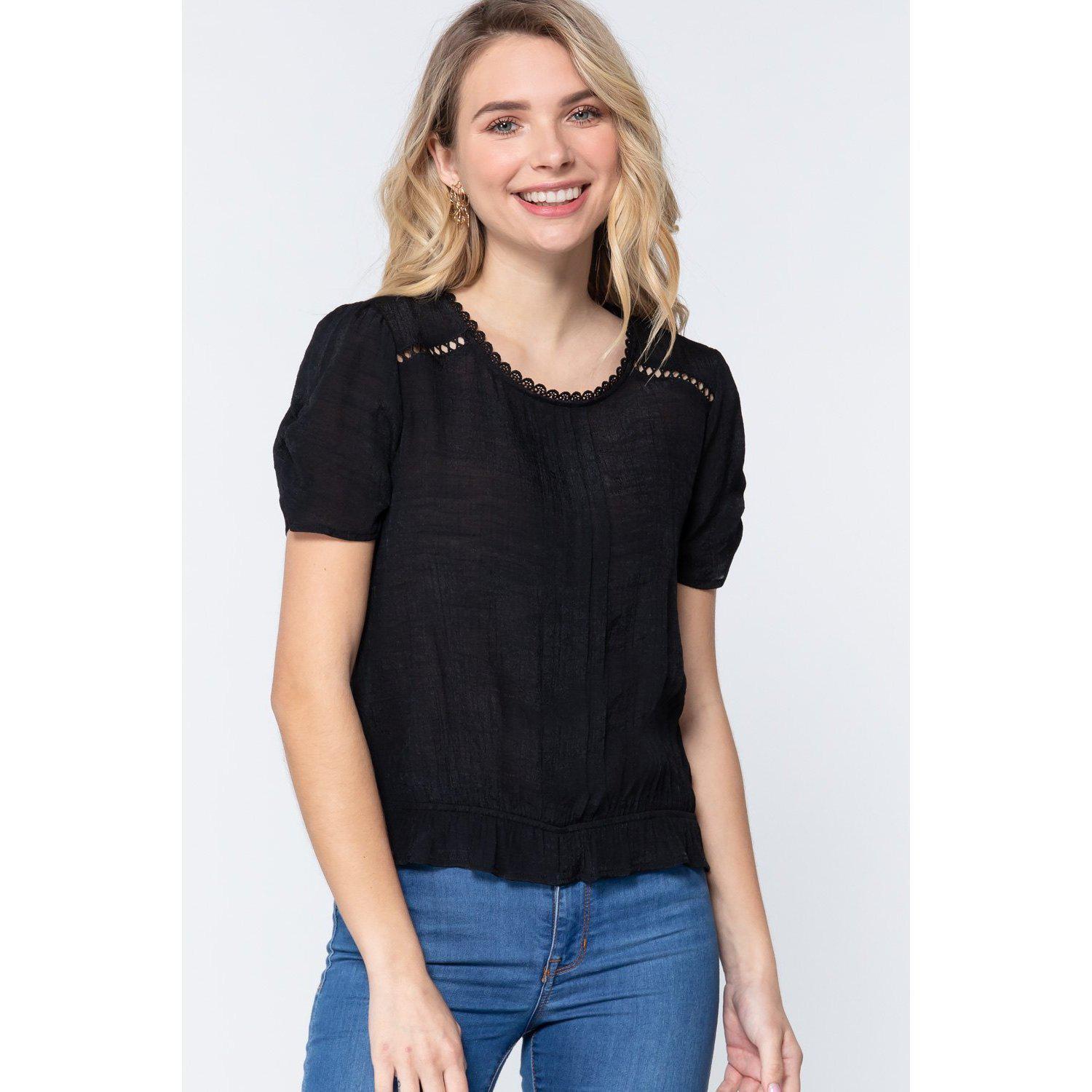 Short Shirring Slv Pleated Woven Top-Clothing Tops-NXTLVLNYC