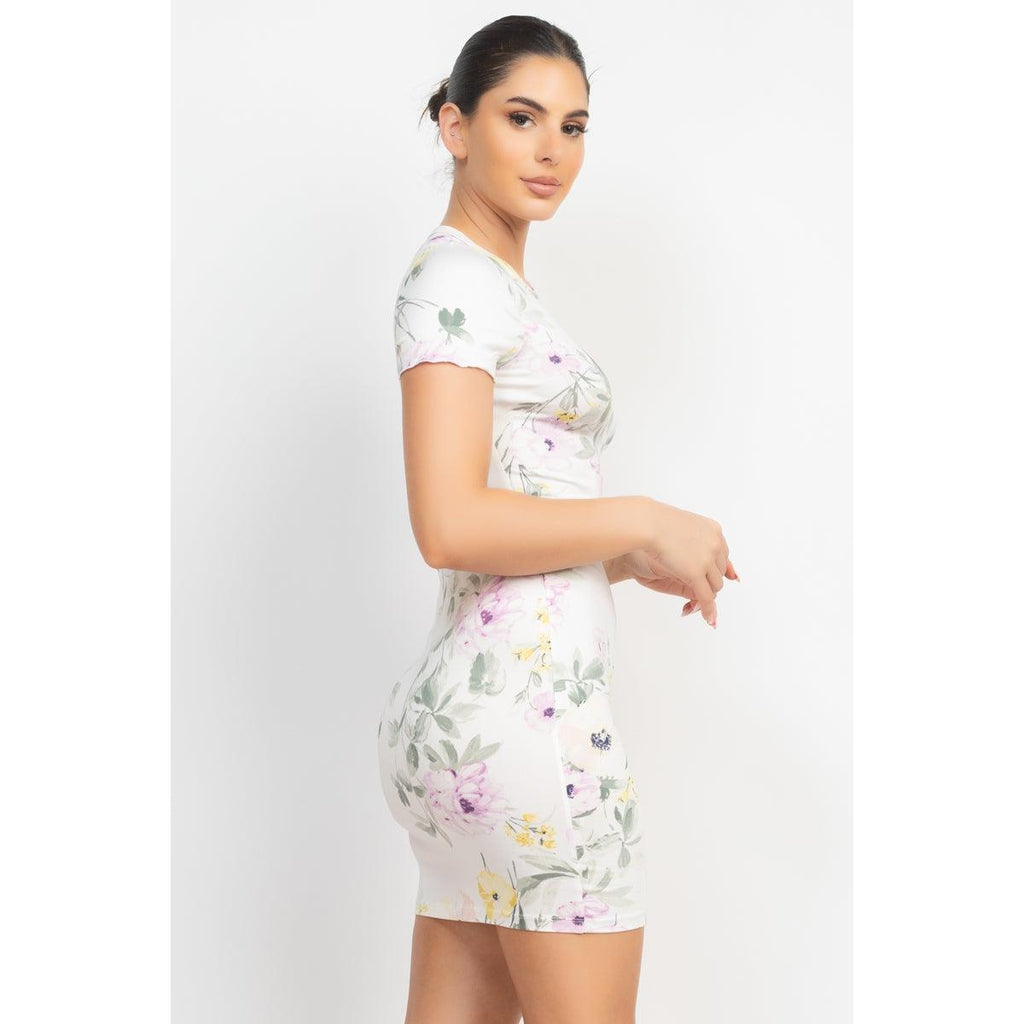 Short Sleeve Floral Bodycon Dress-NXTLVLNYC