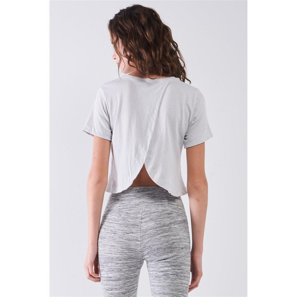 Short Sleeve Round Neck Petal Split Back Detail Crop Tee-Clothing Tops-NXTLVLNYC