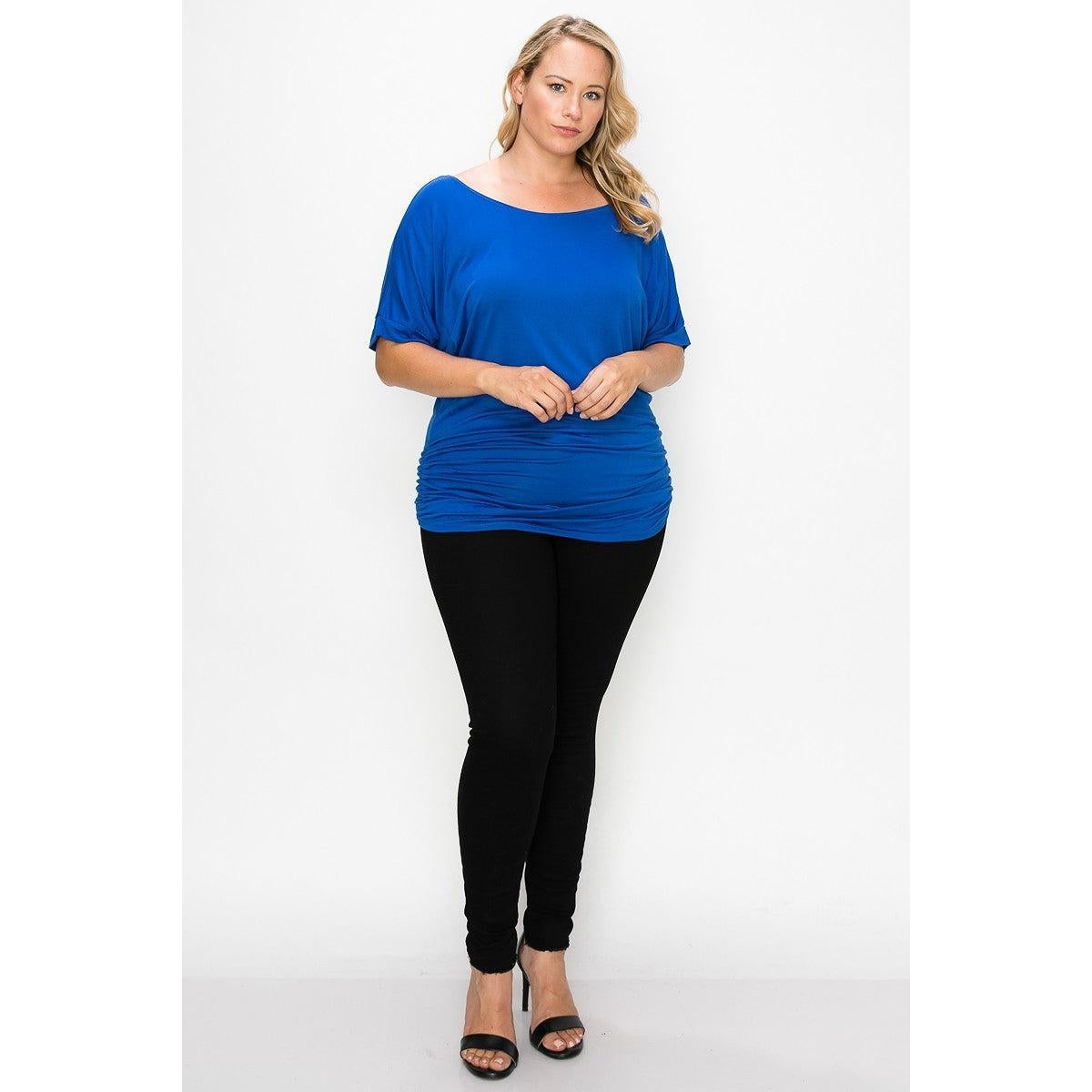 Short Sleeve Top Featuring A Round Neck And Ruched Sides-NXTLVLNYC