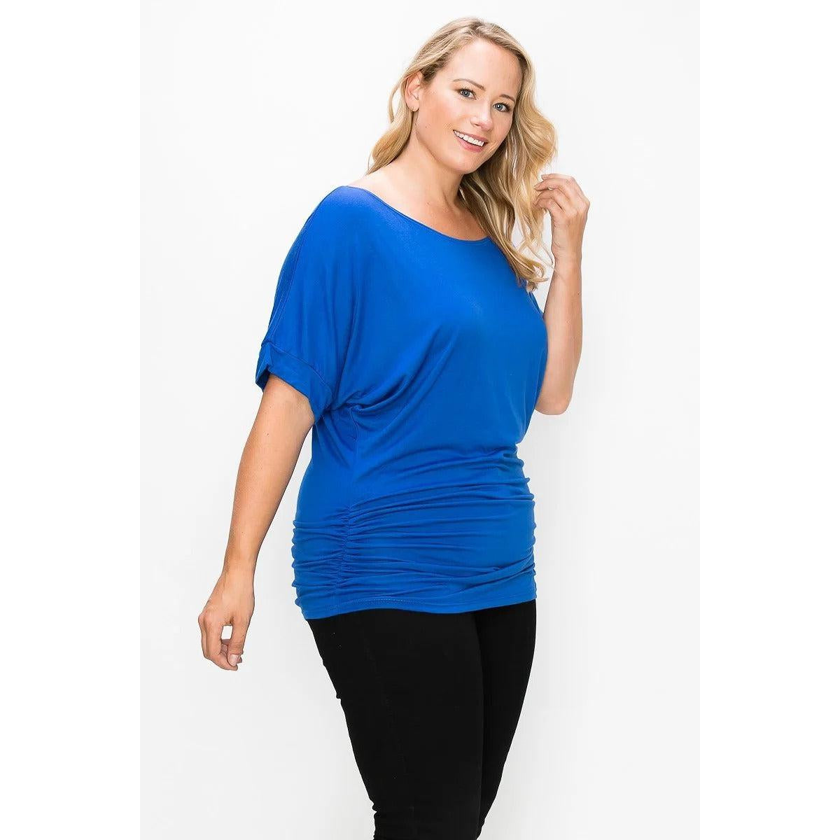 Short Sleeve Top Featuring A Round Neck And Ruched Sides-NXTLVLNYC