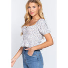 Short Slv Shirring Print Woven Top-NXTLVLNYC