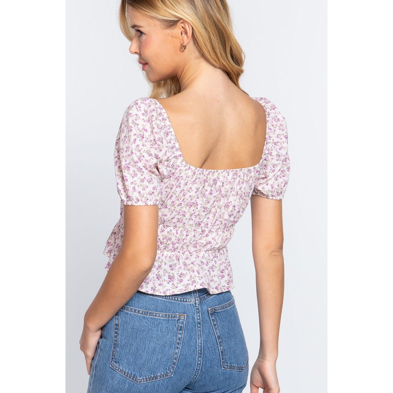 Short Slv Shirring Print Woven Top-NXTLVLNYC