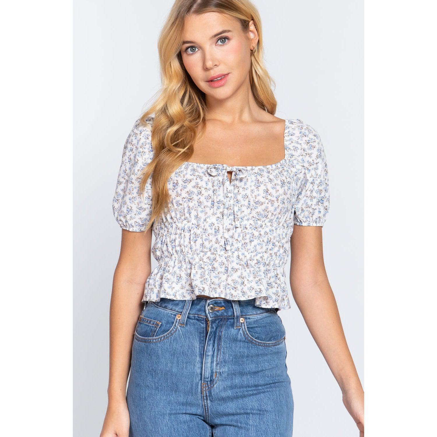 Short Slv Shirring Print Woven Top-NXTLVLNYC