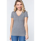 Short Slv V-neck Henley Knit Top-NXTLVLNYC