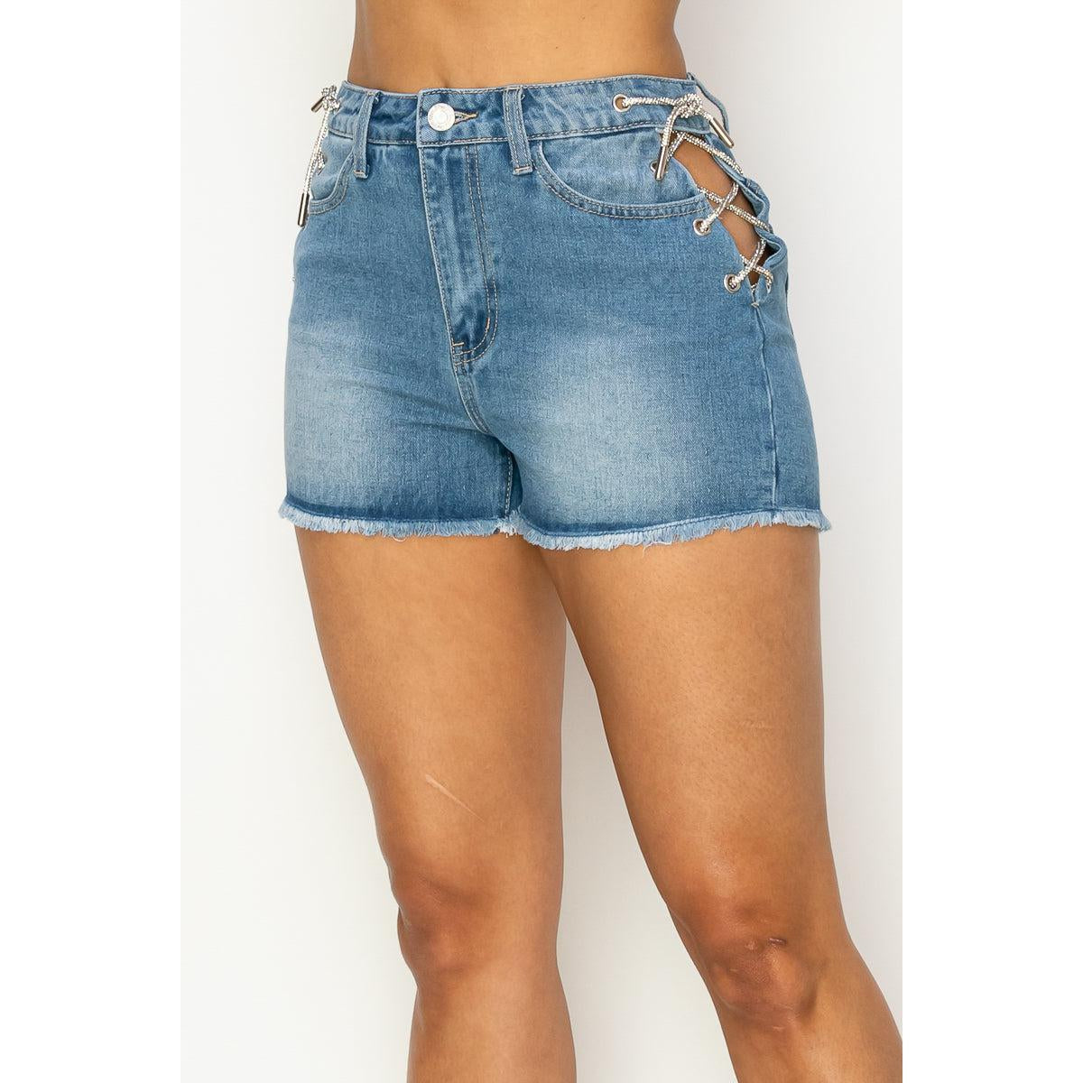 Side Lace-up Detailed Denim Shorts-NXTLVLNYC