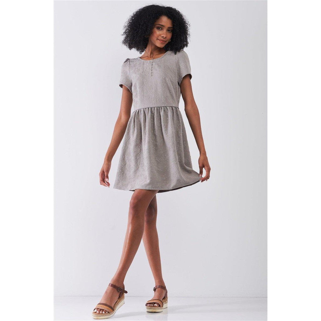 Silver Grey Floral Embroidery Round Neck Short Sleeve Mini Dress-Dresses-NXTLVLNYC