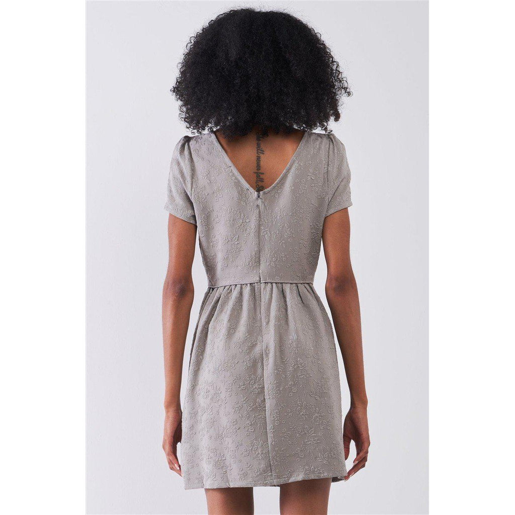 Silver Grey Floral Embroidery Round Neck Short Sleeve Mini Dress-Dresses-NXTLVLNYC