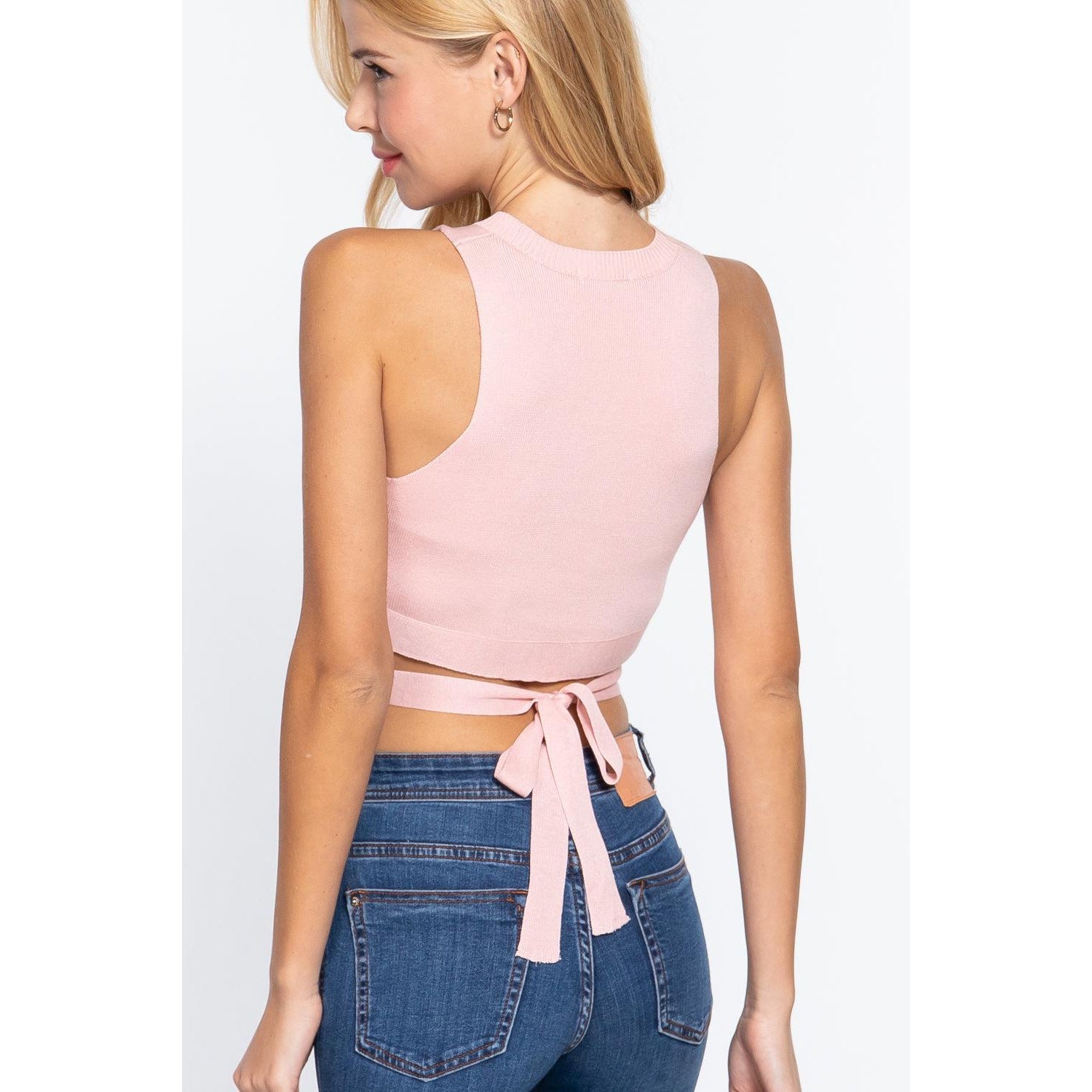 Sleeveless Crew Neck Waist Tie Crop Sweater Top-NXTLVLNYC