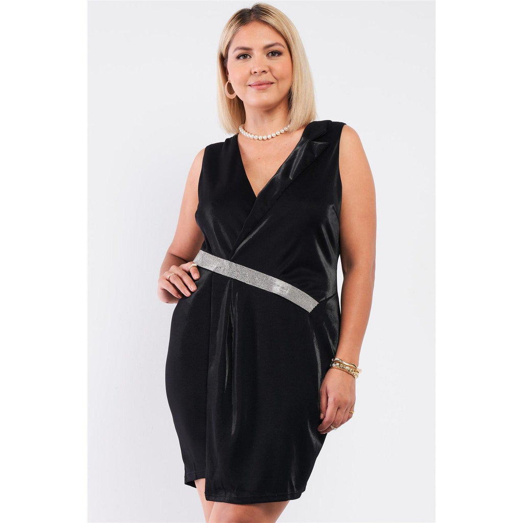 Sleeveless V-neck Asymmetrical Wrap Rhinestones Detail Fitted Mini Blazer Dress-Clothing Dresses-NXTLVLNYC