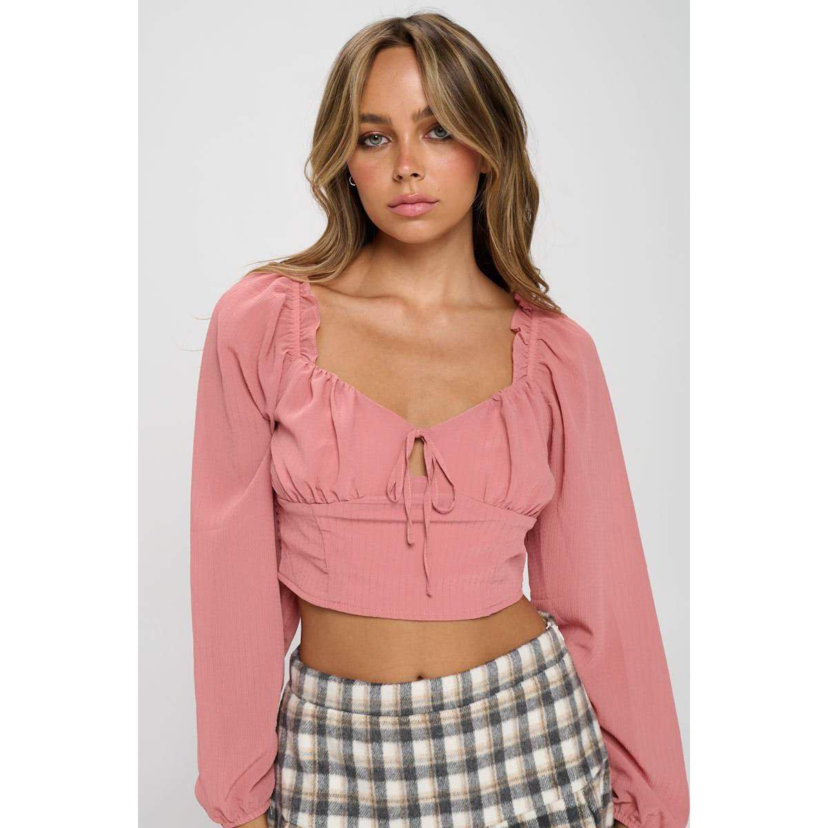 Smocked Long Sleeves Crop Top-Shirts & Tops-NXTLVLNYC