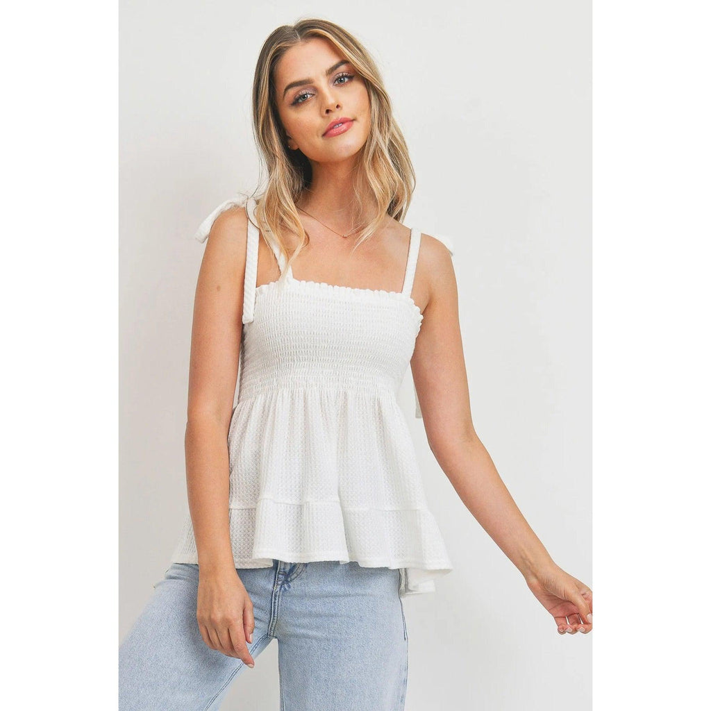 Smocking Bust With Self Tie Straps Sleeveless Waffle Top-NXTLVLNYC