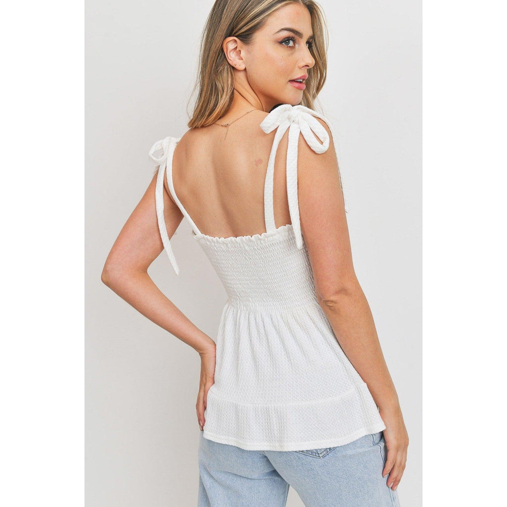 Smocking Bust With Self Tie Straps Sleeveless Waffle Top-NXTLVLNYC