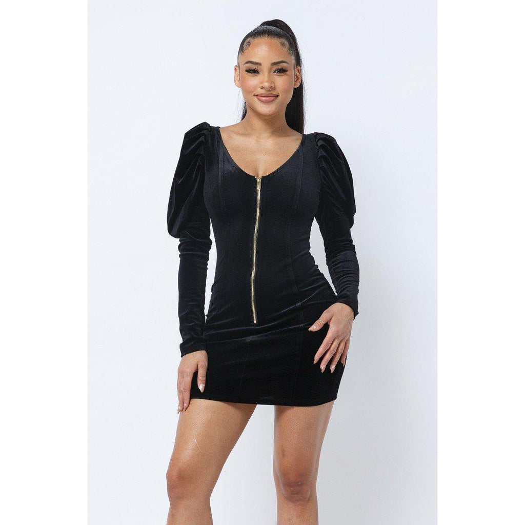 Soft Velvet Pleated Puff Sleeve Low V Neck Front And Back Mini Dress-NXTLVLNYC