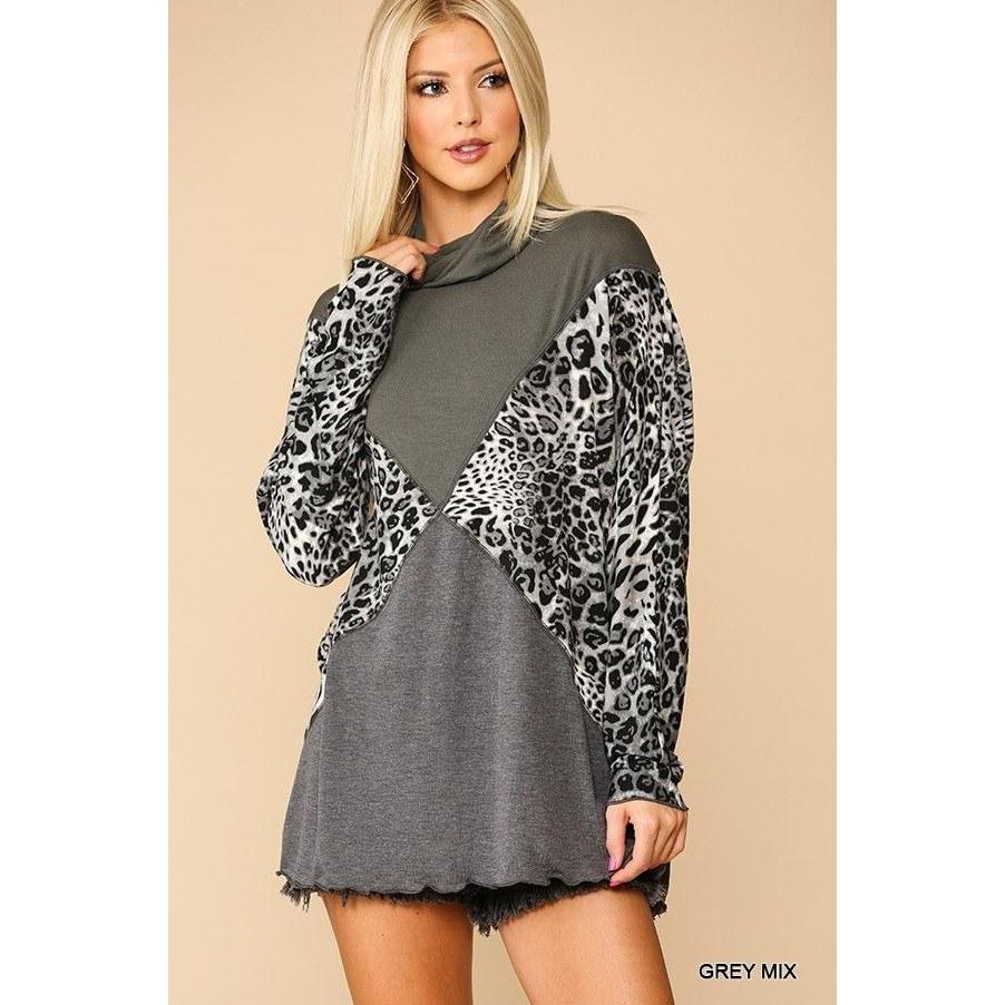 Solid And Animal Print Mixed Knit Turtleneck Top With Long Sleeves-Clothing Tops-NXTLVLNYC