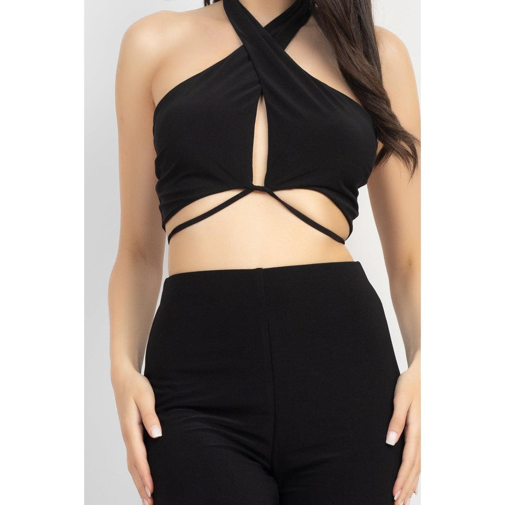 Solid Halter Top And Elastic Leggings Set-Outfit Sets-NXTLVLNYC