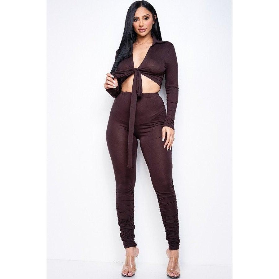 Solid Heavy Rayon Spandex Collared Tie Front Top And Ruched Pants Two Piece Set-NXTLVLNYC