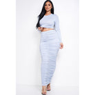 Solid Heavy Rayon Spandex Long Sleeve Cropped Top And Ruched Maxi Skirt Two Piece Set-NXTLVLNYC