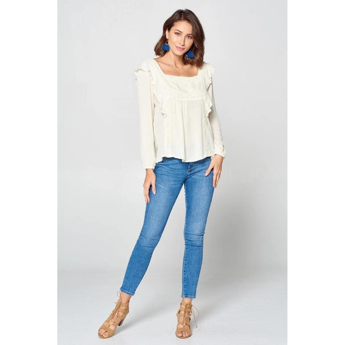 Solid Loose-fit Gauze Peasant Blouse-Shirts & Tops-NXTLVLNYC