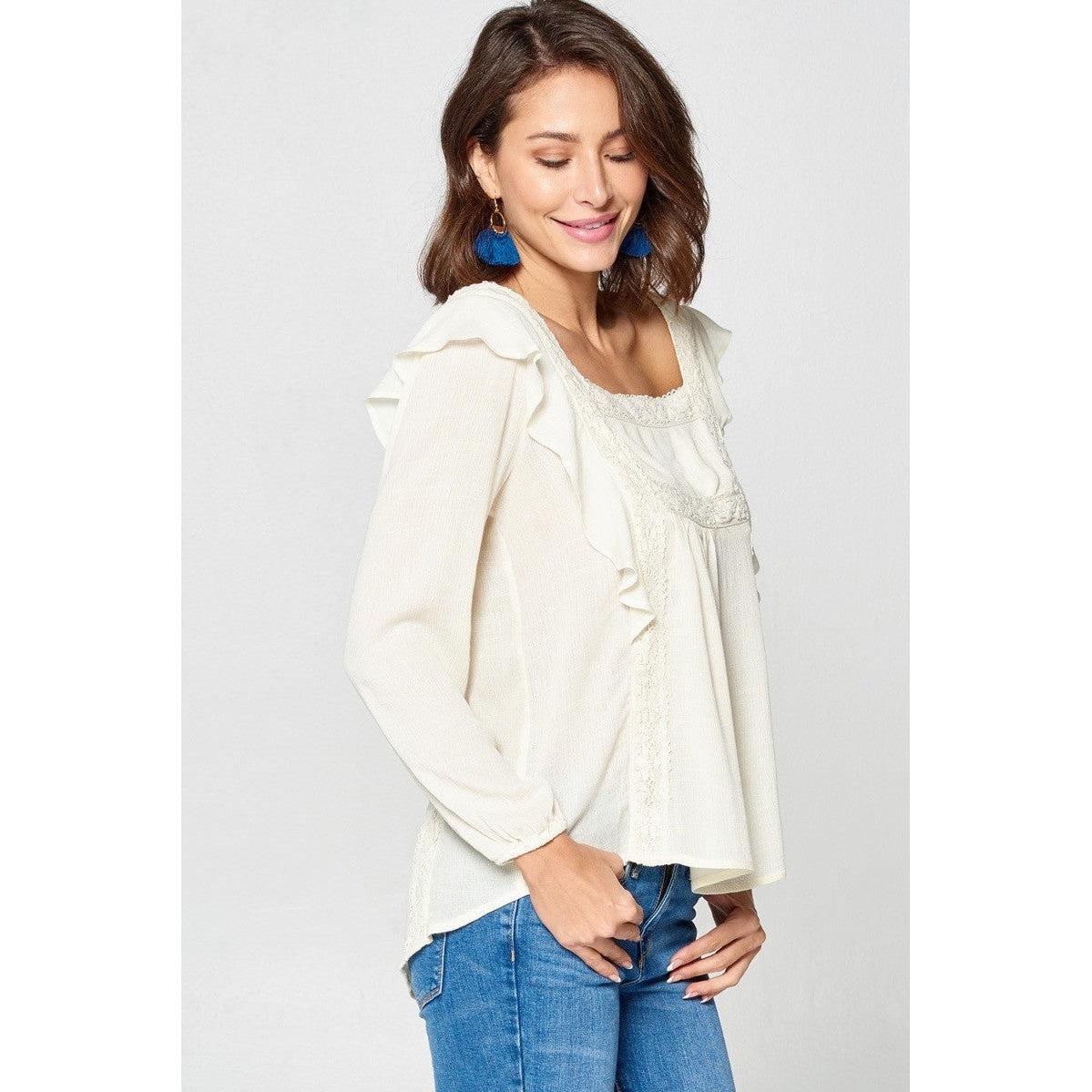 Solid Loose-fit Gauze Peasant Blouse-Shirts & Tops-NXTLVLNYC