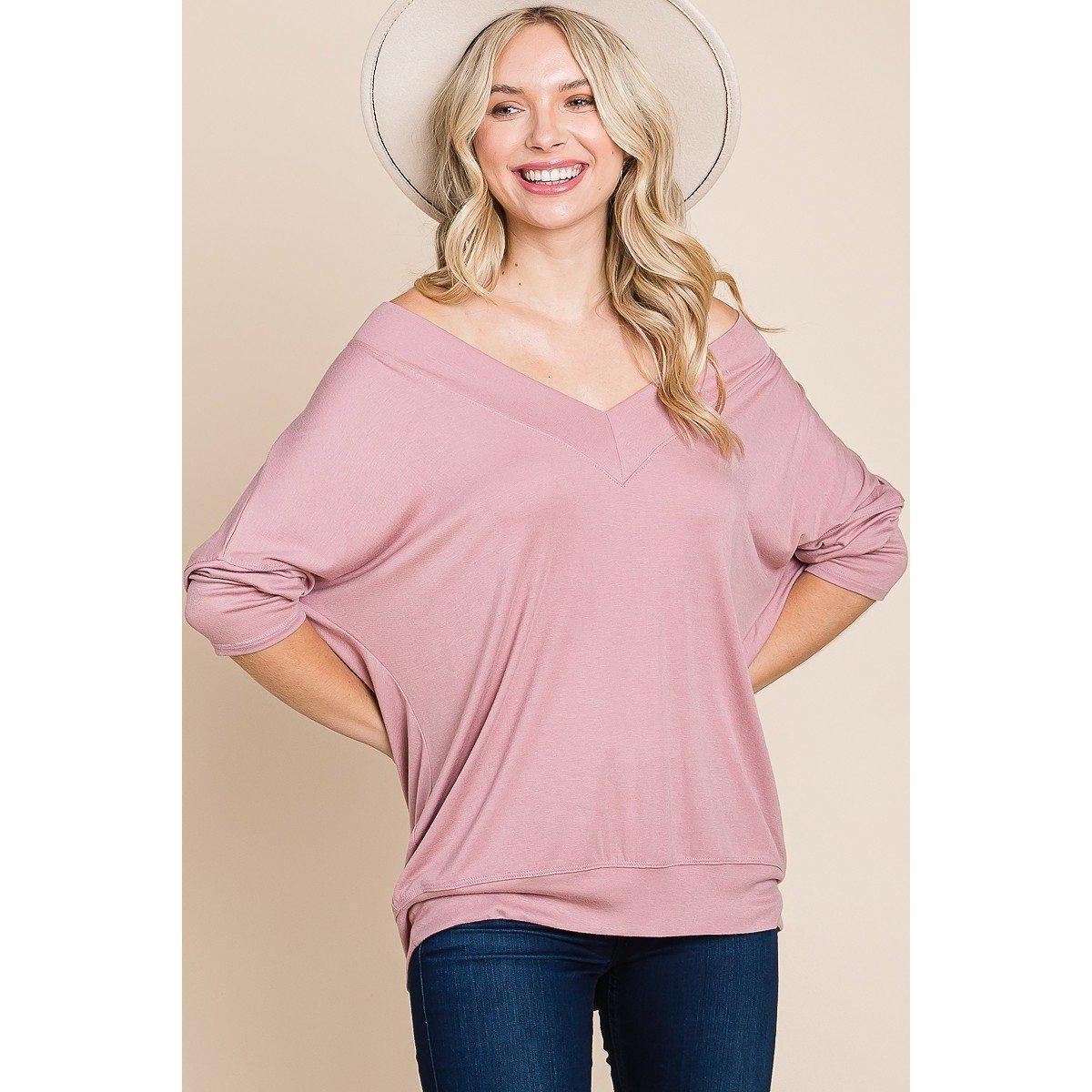 Solid Rib Modal Casual 3/4 Sleeves Dolman Sleeves Top-NXTLVLNYC