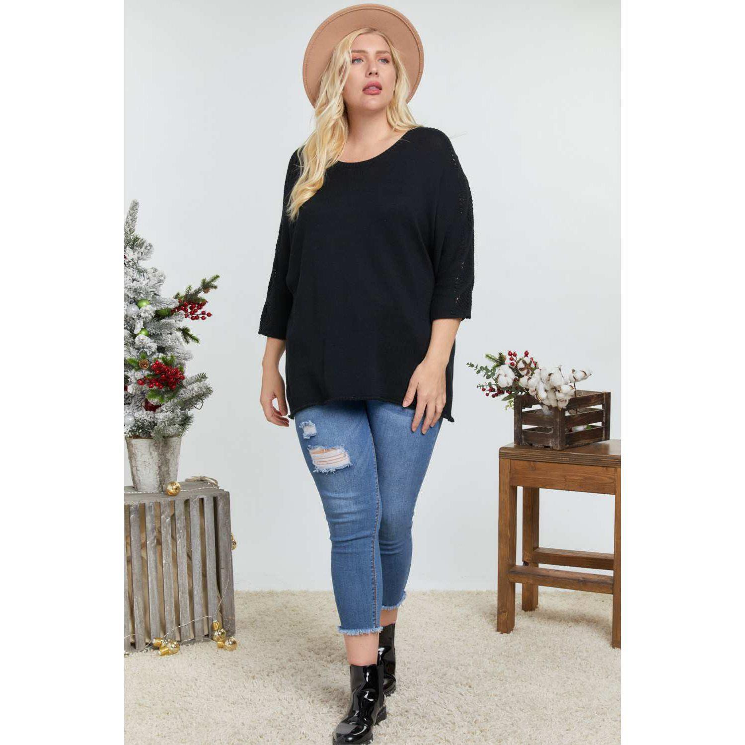 Solid Round Neck 3/4 Sleeve Sweater Top-Clothing Tops-NXTLVLNYC