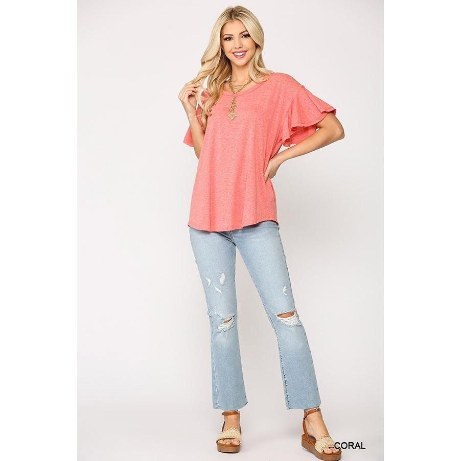 Solid Round Neck Frill Sleeve Top With Scoop Hem-Clothing Tops-NXTLVLNYC