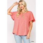 Solid Round Neck Frill Sleeve Top With Scoop Hem-Clothing Tops-NXTLVLNYC