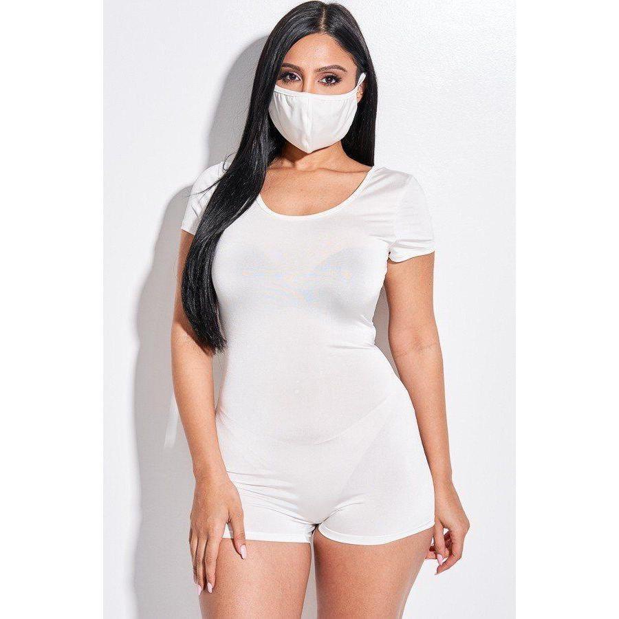 Solid Short Sleeve Scoop Neck Romper And Face Mask 2 Piece Set-Women - Apparel - Jumpsuits/Rompers-NXTLVLNYC