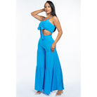 Solid Tie Front Spaghetti Strap Tank Top And Tiered Wide Leg Pants Two Piece Set-NXTLVLNYC